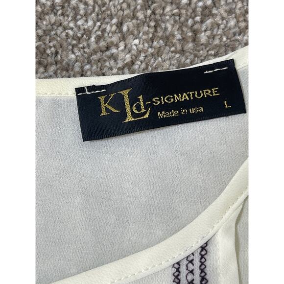KLD Signature Women's Ruffle Hem Sequin Beaded Embroidered Sheer Blouses Cream L - Picture 11 of 13
